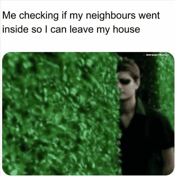 introvert meme showing a man peering cautiously around the edge of a thick green hedge. The text above says: "Me checking if my neighbours went inside so I can leave my house," perfectly capturing the "neighborhood stealth mission" vibe.