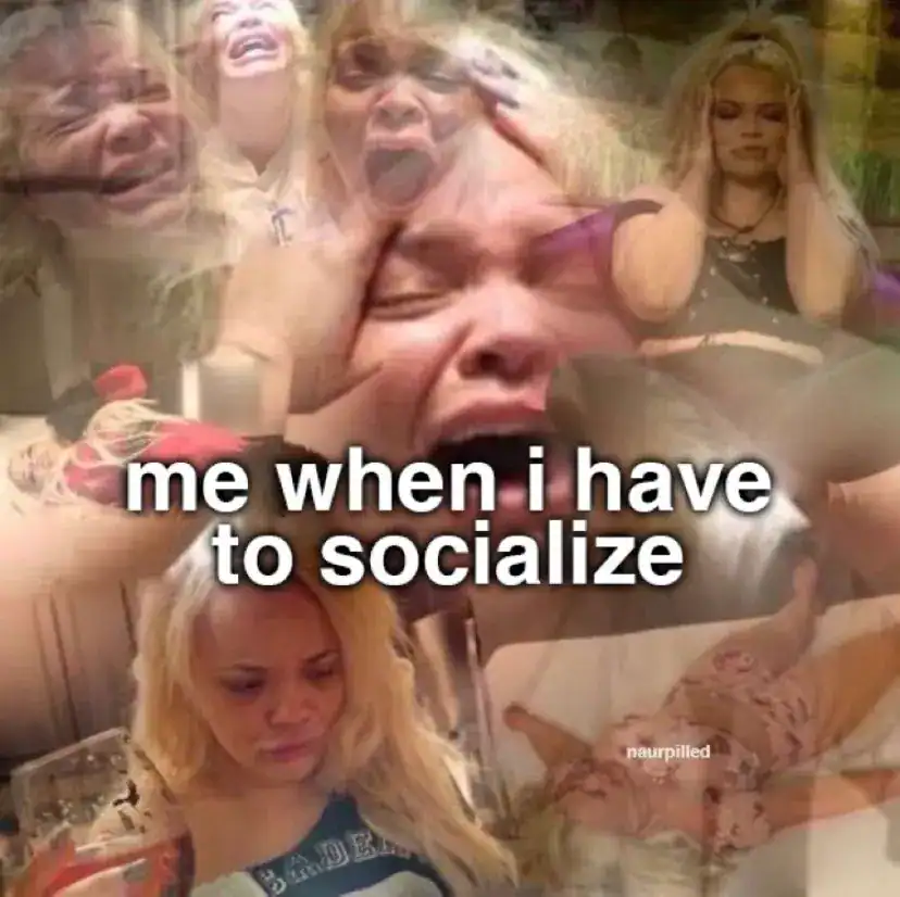 A chaotic introvert meme featuring a collage of a blonde woman crying, screaming, and looking distressed. The center text bluntly states: "me when i have to socialize," representing the internal meltdown of a drained introvert.