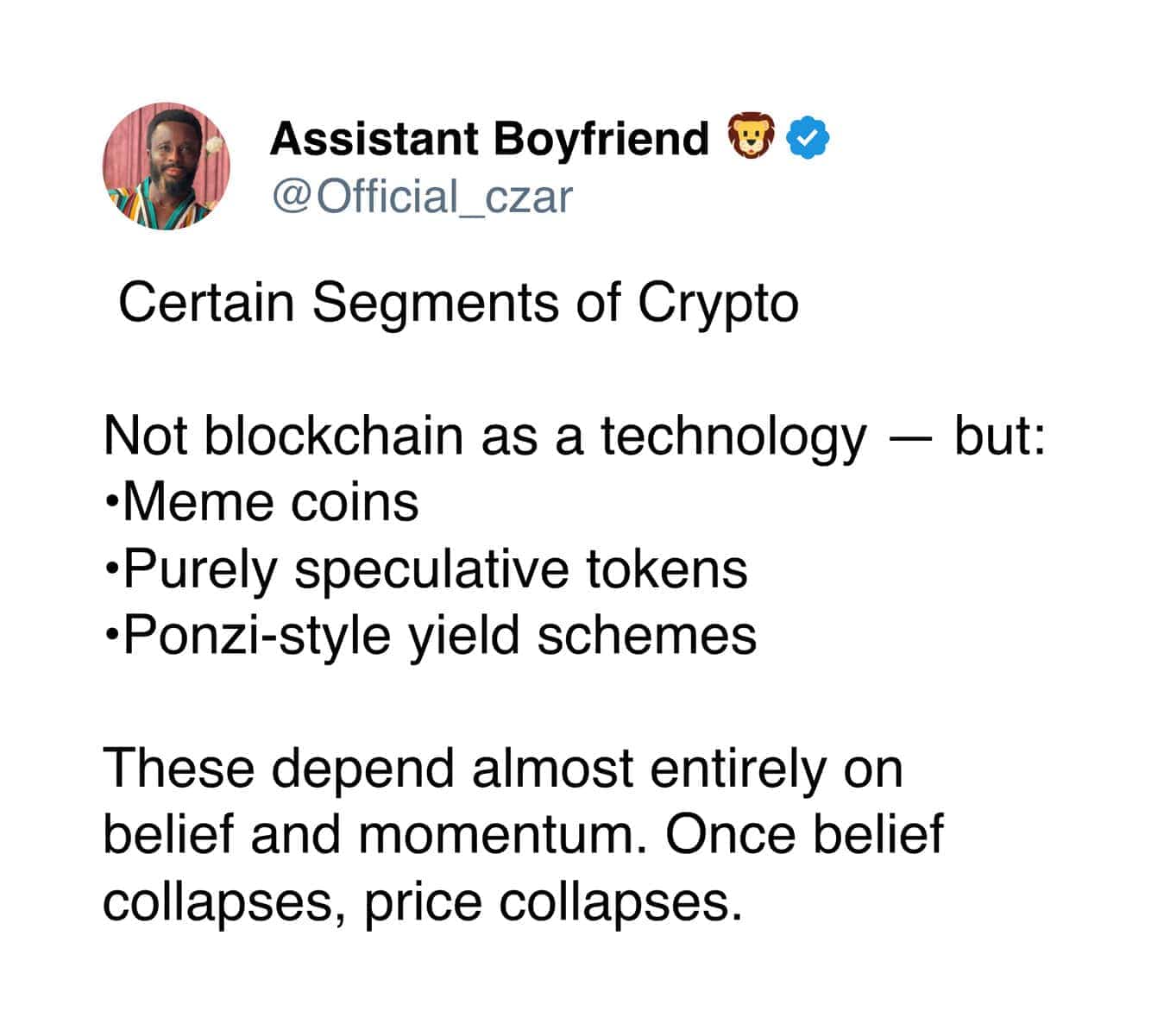 X post from Assistant Boyfriend highlighting the speculative and Ponzi-style nature of certain cryptocurrencies.