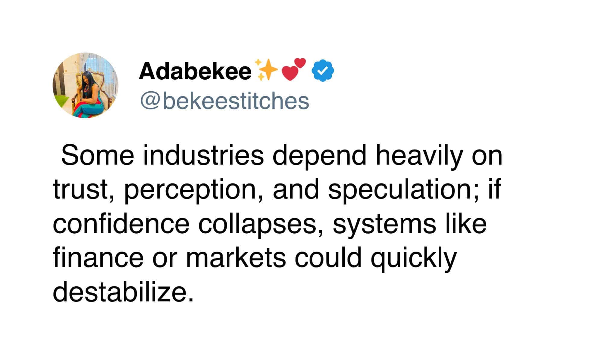 X post from Adabekee about how trust and speculation hold up the financial system.