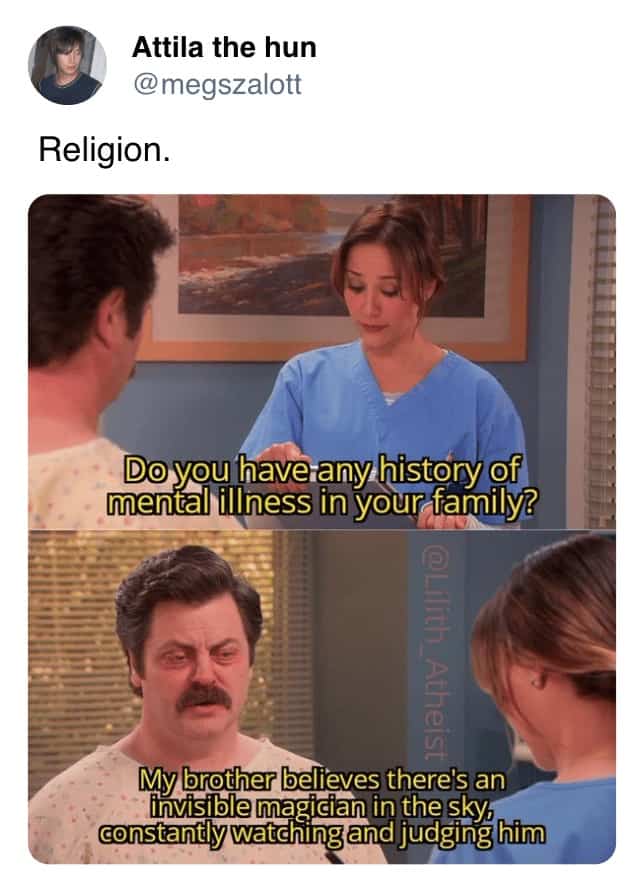 Meme featuring Ron Swanson from Parks and Recreation making a joke about religion
