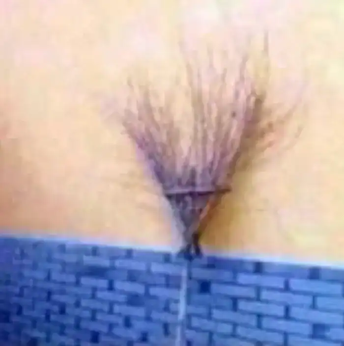 Low resolution photo of a straw broom mounted upside down on a stucco wall.