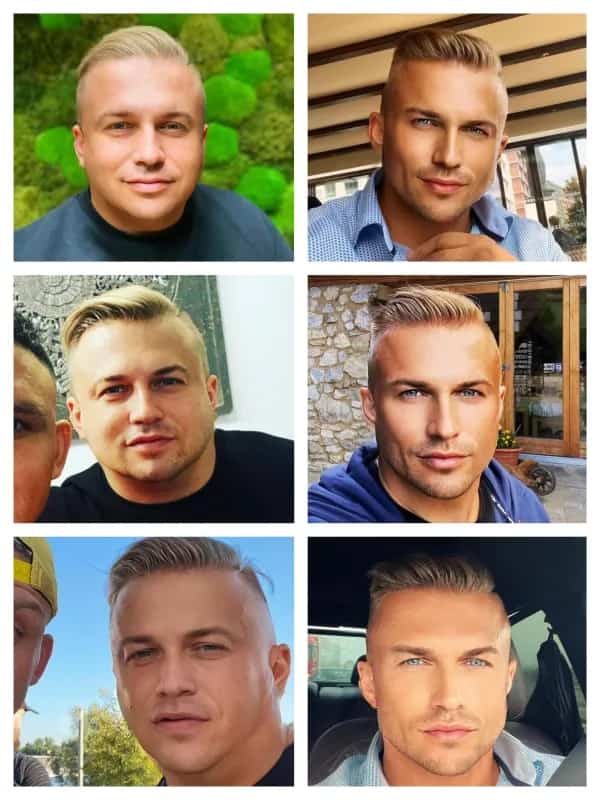 Grid comparing a man's natural face to heavily filtered, chiseled jawline versions.