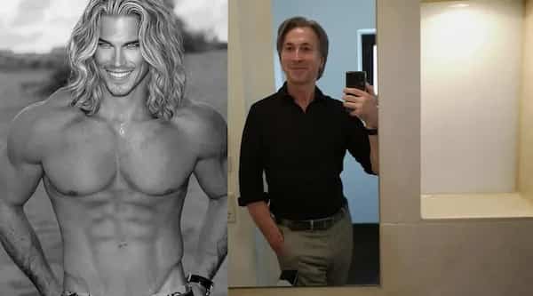Side-by-side of a muscular blonde model and a man taking a mirror selfie.