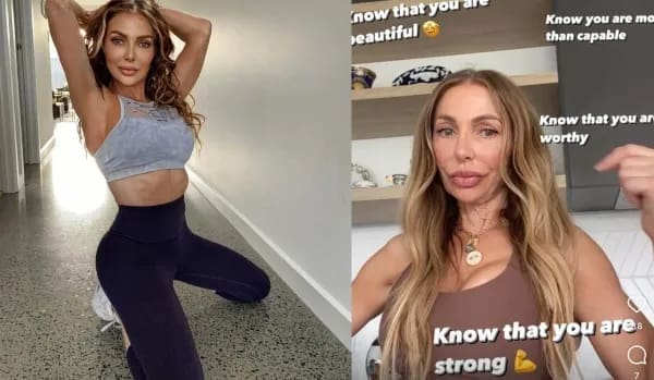Fitness influencer posing in gym wear next to a candid, unfiltered screenshot.