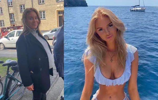 Split screen of a pregnant woman in a coat and a slim bikini photo.