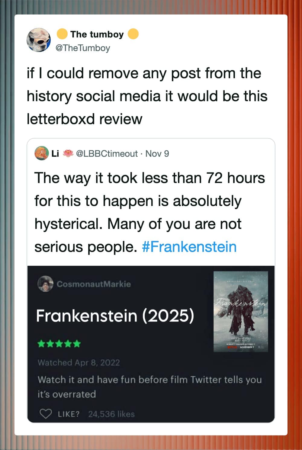 viral Letterboxd meme showing a time-traveling review of "Frankenstein (2025)" that was somehow posted in 2022, telling people to watch it before "Film Twitter" ruins it by calling it overrated.