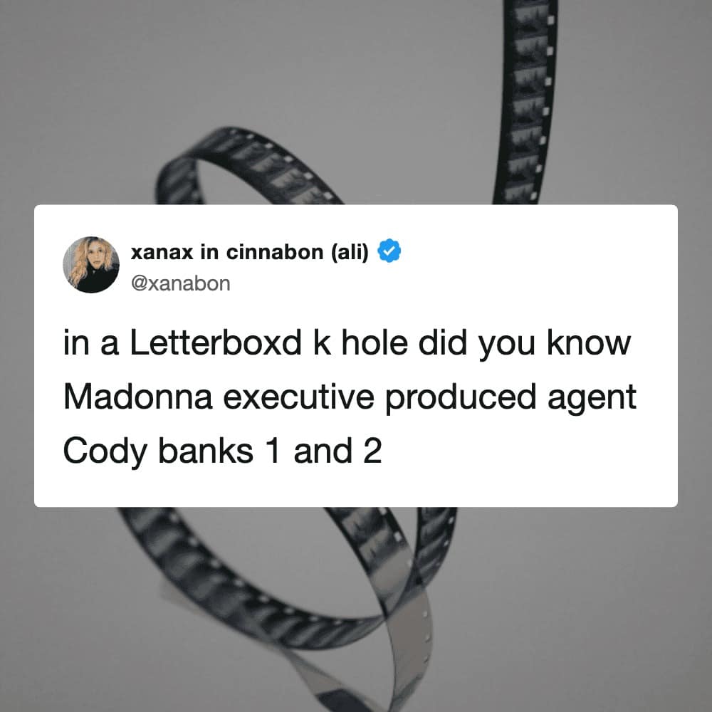 Letterboxd meme describing a deep-dive "k-hole" discovery that pop icon Madonna was surprisingly the executive producer for the Agent Cody Banks franchise.