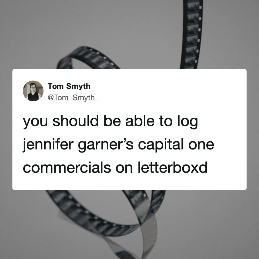 Letterboxd meme suggesting that Jennifer Garner's long-running series of Capital One credit card commercials are significant enough to be logged and reviewed on the platform.