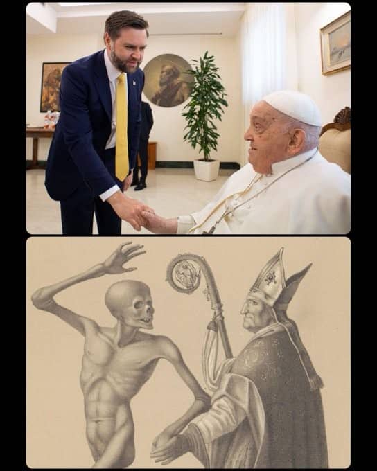 JD Vance shaking hands with Pope Francis next to a skeletal Danse Macabre engraving.