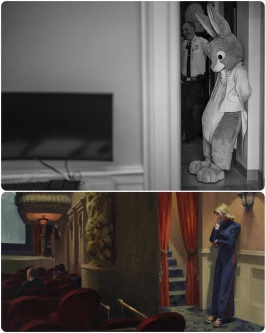 The Easter Bunny leaning against a wall next to Edward Hopper’s New York Movie.