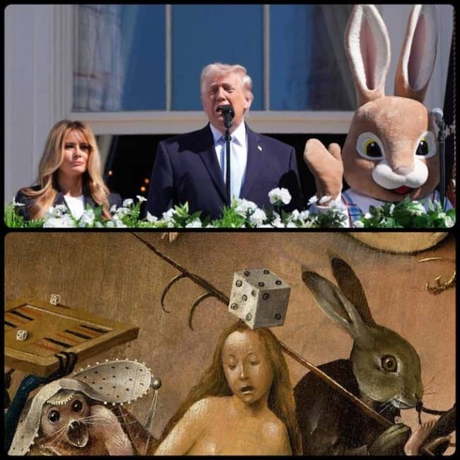 Donald Trump speaking alongside the Easter Bunny juxtaposed with a Hieronymus Bosch painting.