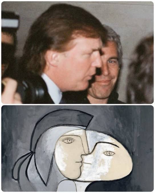 A grainy photo of Donald Trump and Jeffrey Epstein next to a Picasso-style sketch.