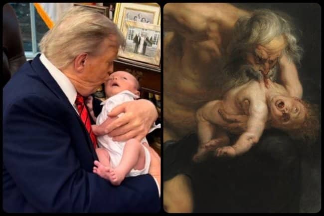 Donald Trump kissing a baby next to Francisco Goya’s Saturn Devouring His Son.