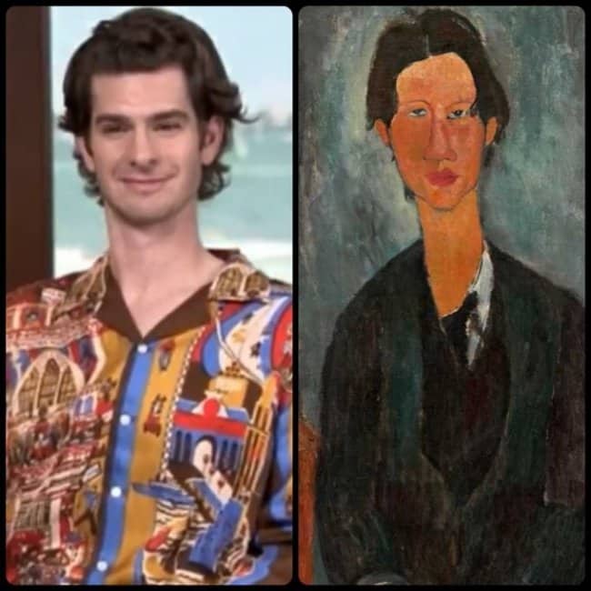 Andrew Garfield in a colorful shirt next to a long-necked Modigliani portrait.