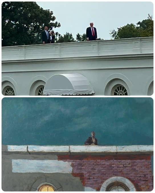 Donald Trump standing on a White House roof next to a surrealist building painting.