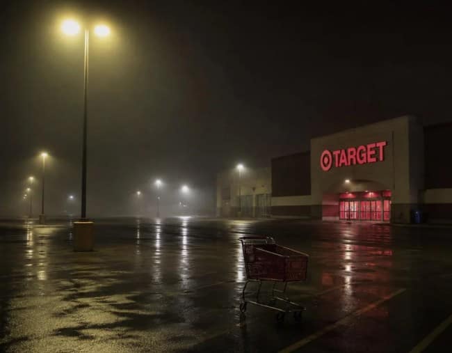 A rain-slicked Target department store parking lot at night is blanketed in thick fog, with a lone red shopping cart sitting directly beneath the glowing red corporate logo sign.