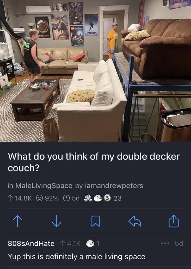 A living room containing a homemade double decker couch structure built from a metallic industrial storage frame.