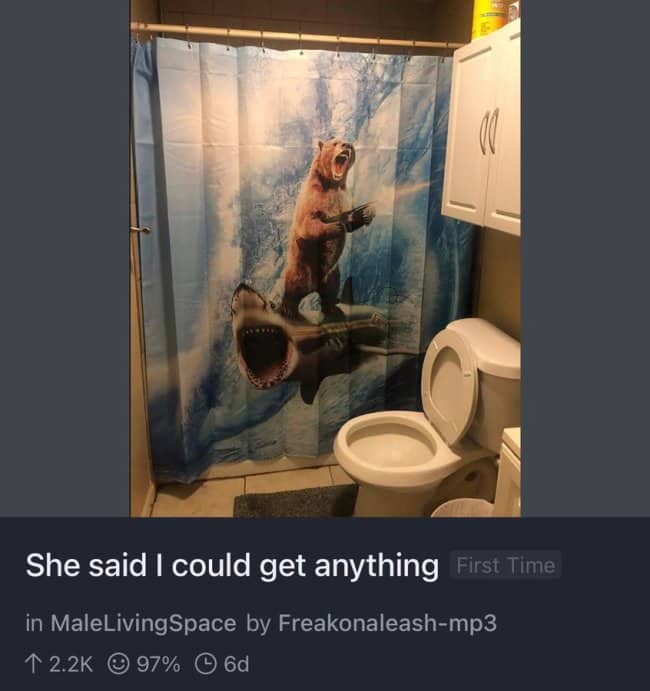 A bathroom interior showing a humorous shower curtain depicting a roaring bear riding a shark through ocean waves.