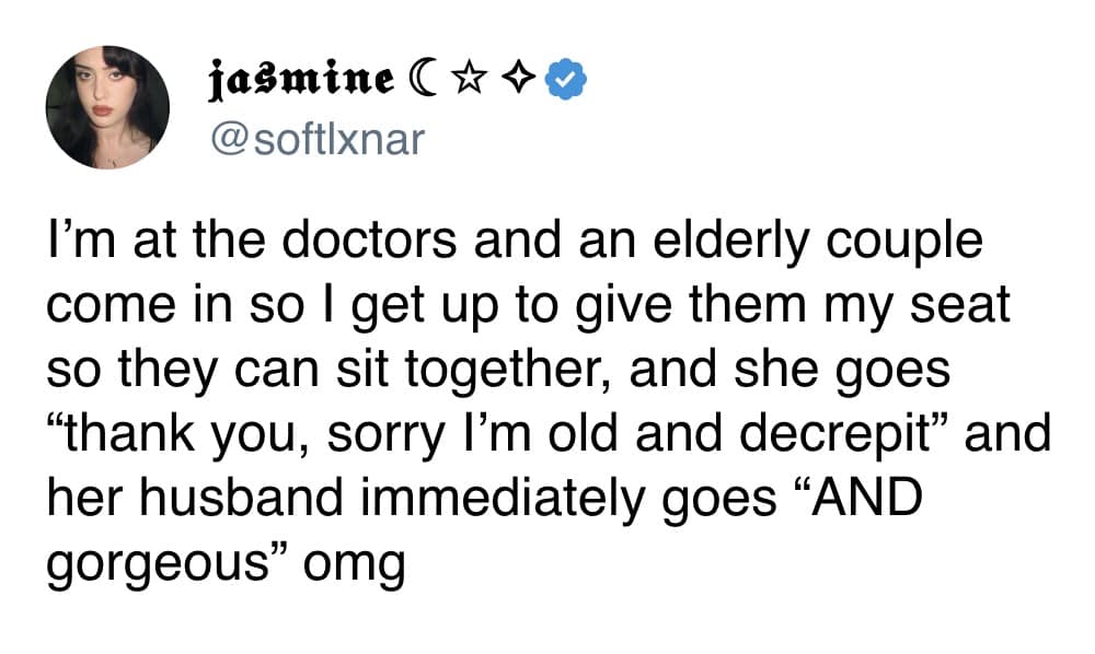 A wholesome marriage meme featuring a tweet by jasmine (@softlxnar) about an elderly couple at the doctor. After the wife calls herself "old and decrepit," her husband immediately shouts "AND gorgeous."