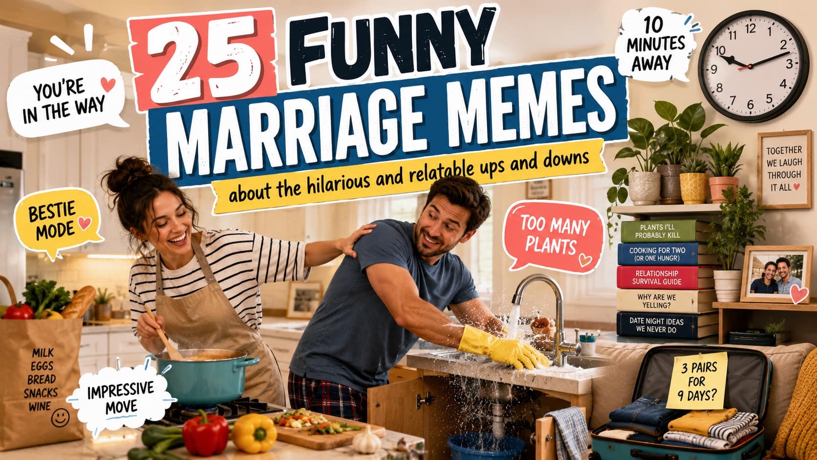 Marriage memes gallery showcasing the hilarious realities of long-term commitment, featuring a husband and wife improvising a "hard of hearing" ruse at a restaurant, a wife "hiding" her husband's chips in her own stomach, and a "Tony Soprano" style disposal of childhood mementos in the garage.