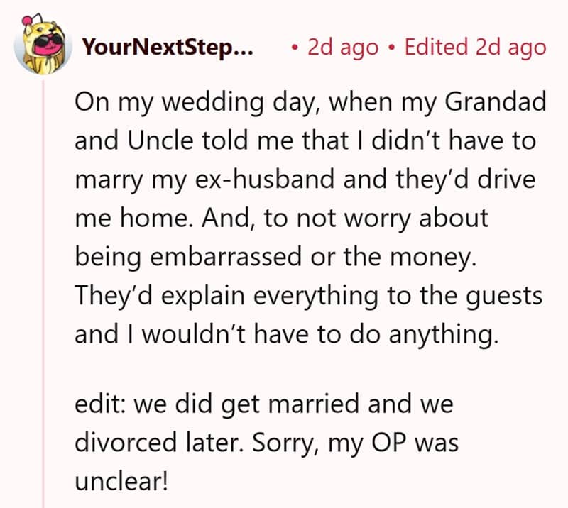 Reddit comment about a grandad and uncle offering a getaway ride on the wedding day before divorcing later.