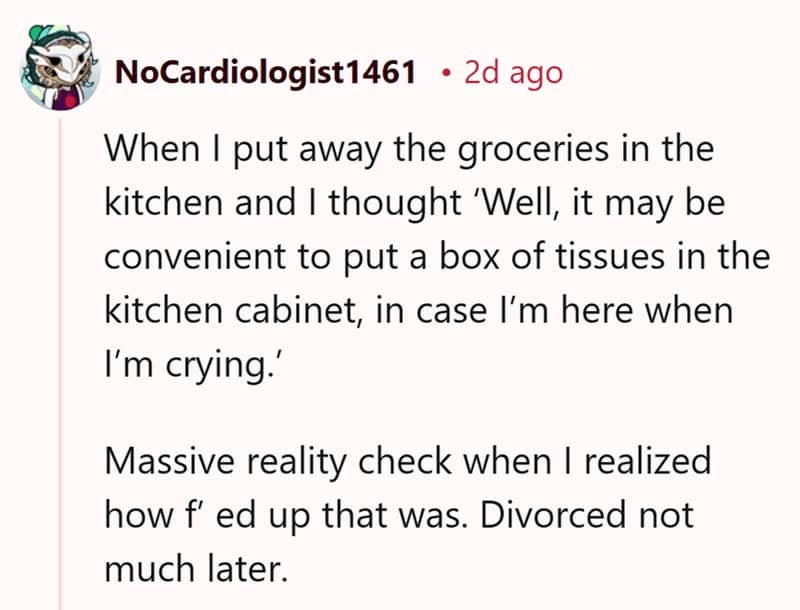 Reddit comment about putting away groceries and realizing they need tissues in the kitchen for crying.