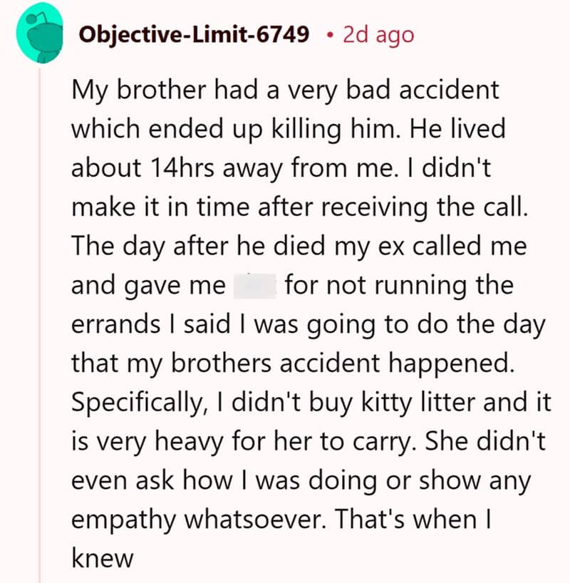 Reddit comment about a brother passing away and an ex complaining about heavy kitty litter not being bought.