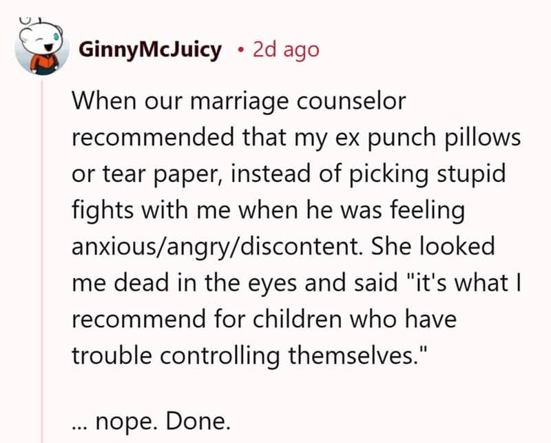 Reddit comment about a marriage counselor comparing a spouse's anger outbursts to a child.