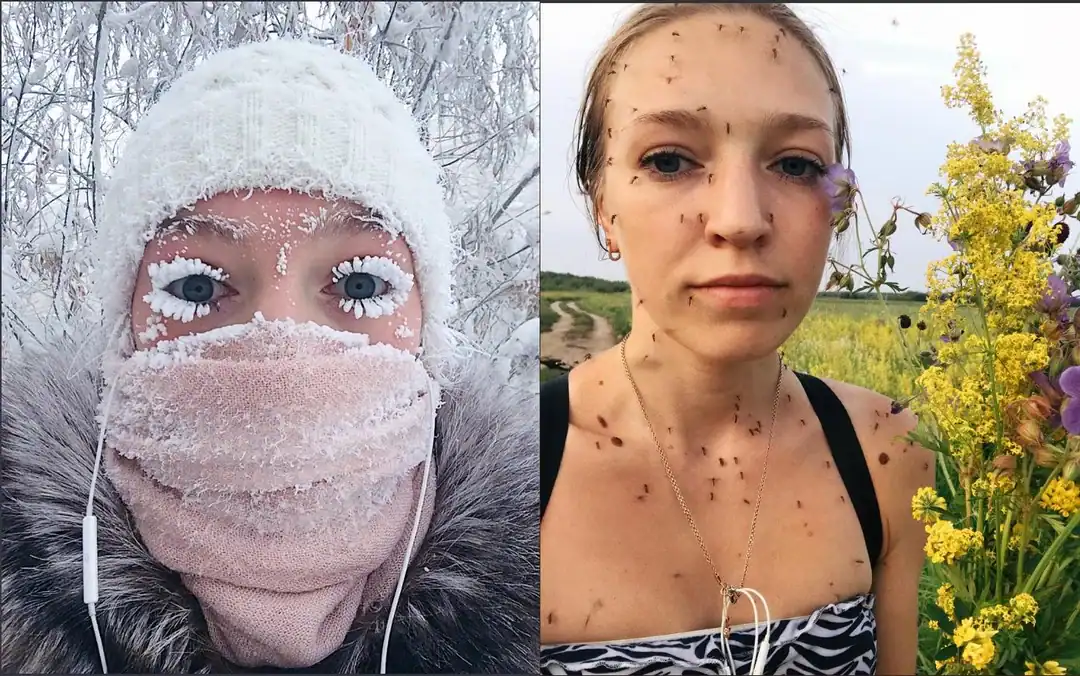A meanwhile in Russia split-screen illustrating the brutal seasonal shift: on the left, a woman’s eyelashes are frozen into thick white icicles; on the right, her face and neck are completely covered in a swarm of summer mosquitoes.