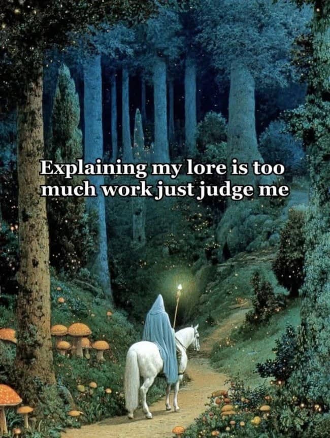 Hooded figure holding a glowing staff riding a white horse through a mushroom forest.