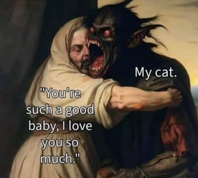 Dark art of a medieval monk hugging a snarling, terrifying demon captioned as his cat.
