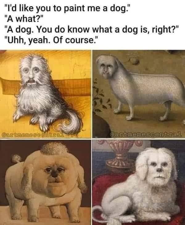 Collage of hilariously inaccurate medieval paintings of dogs with human-like faces and bizarre proportions.