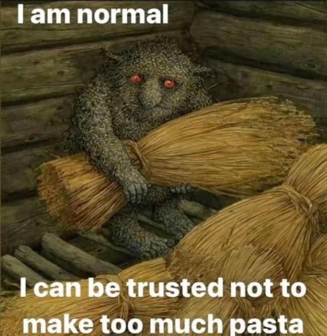 Painting of a mossy forest troll holding a bundle of hay captioned about making pasta.