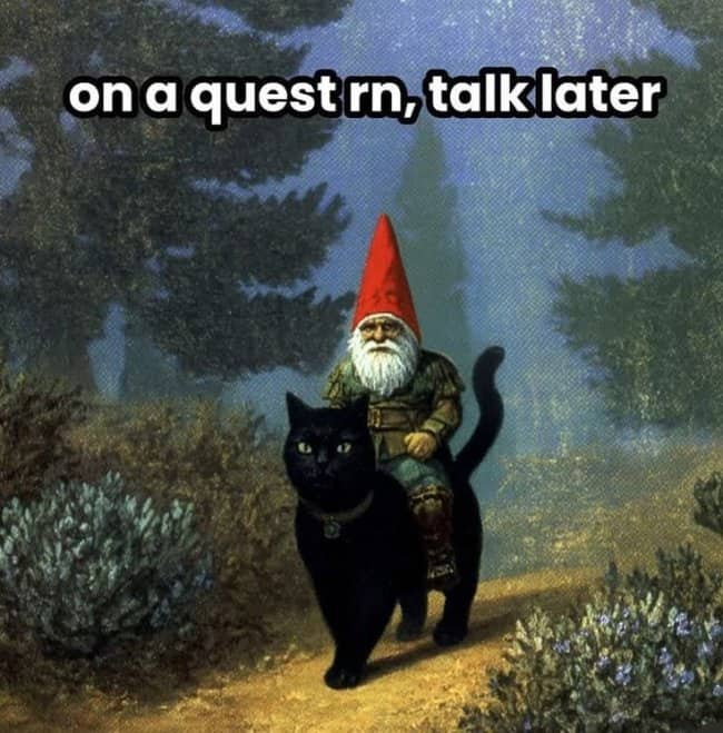 Illustration of a gnome wearing a red hat riding a giant black cat.