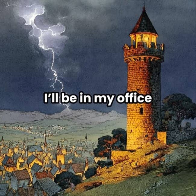 Atmospheric painting of a tall stone tower illuminated by lightning during a storm.