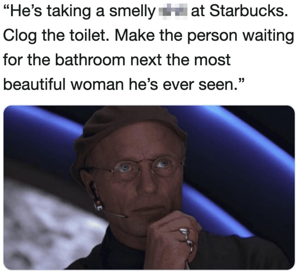 An intense snapshot of Ed Harris as Christof from The Truman Show functions as a brilliant addition to this meme dump, paired with text about a divine control room orchestrating an incredibly awkward bathroom scenario at a local Starbucks.