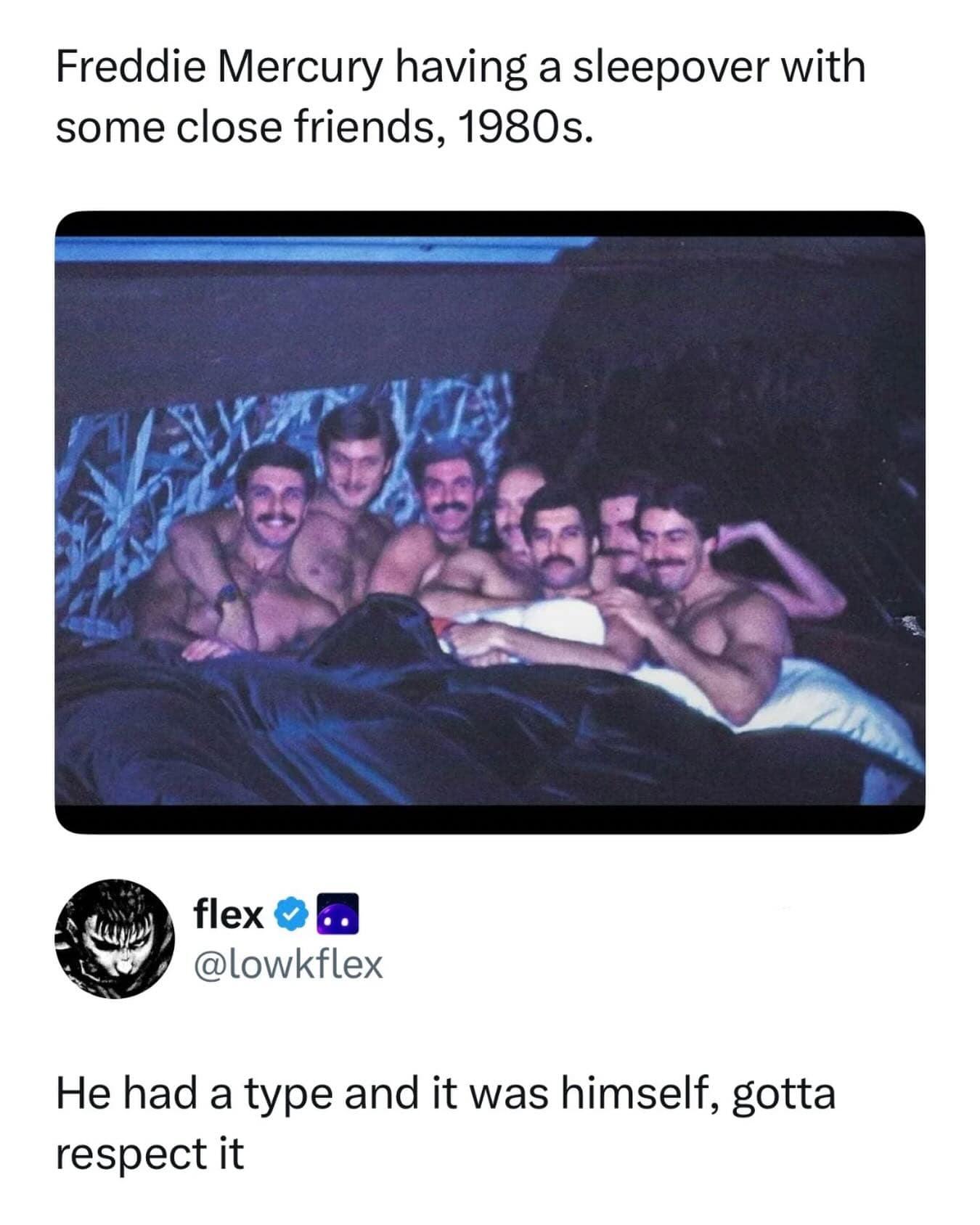 A historical comedy entry in this meme dump features a vintage 1980s photograph captioned "Freddie Mercury having a sleepover with some close friends," showing the iconic singer in a large bed surrounded by multiple lookalikes with identical moustaches, paired with a funny commentary tweet by user flex.