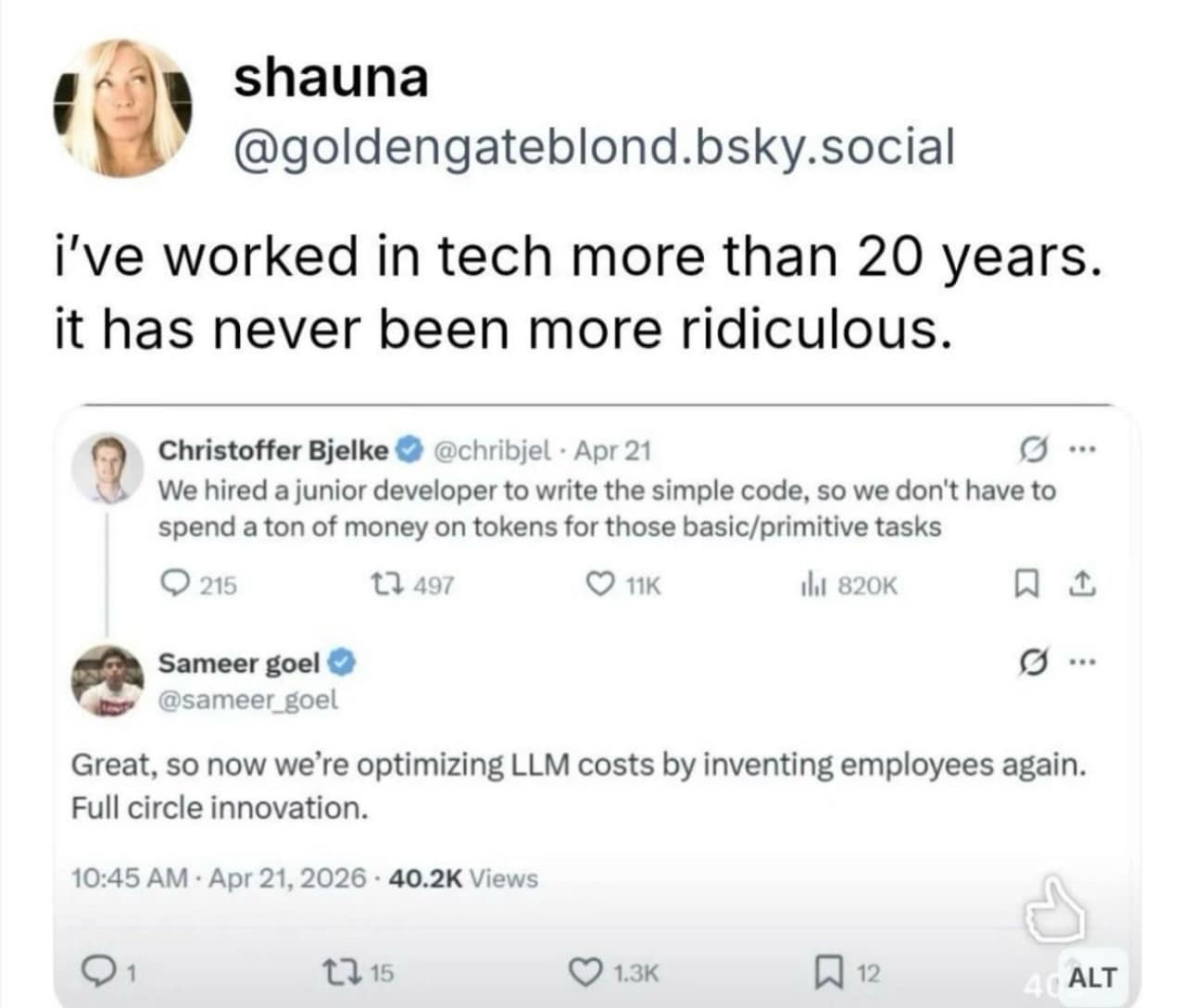 A Twitter thread screenshot in this meme dump where tech workers mock the irony of hiring humans to save money on AI token costs, calling it "full circle innovation."
