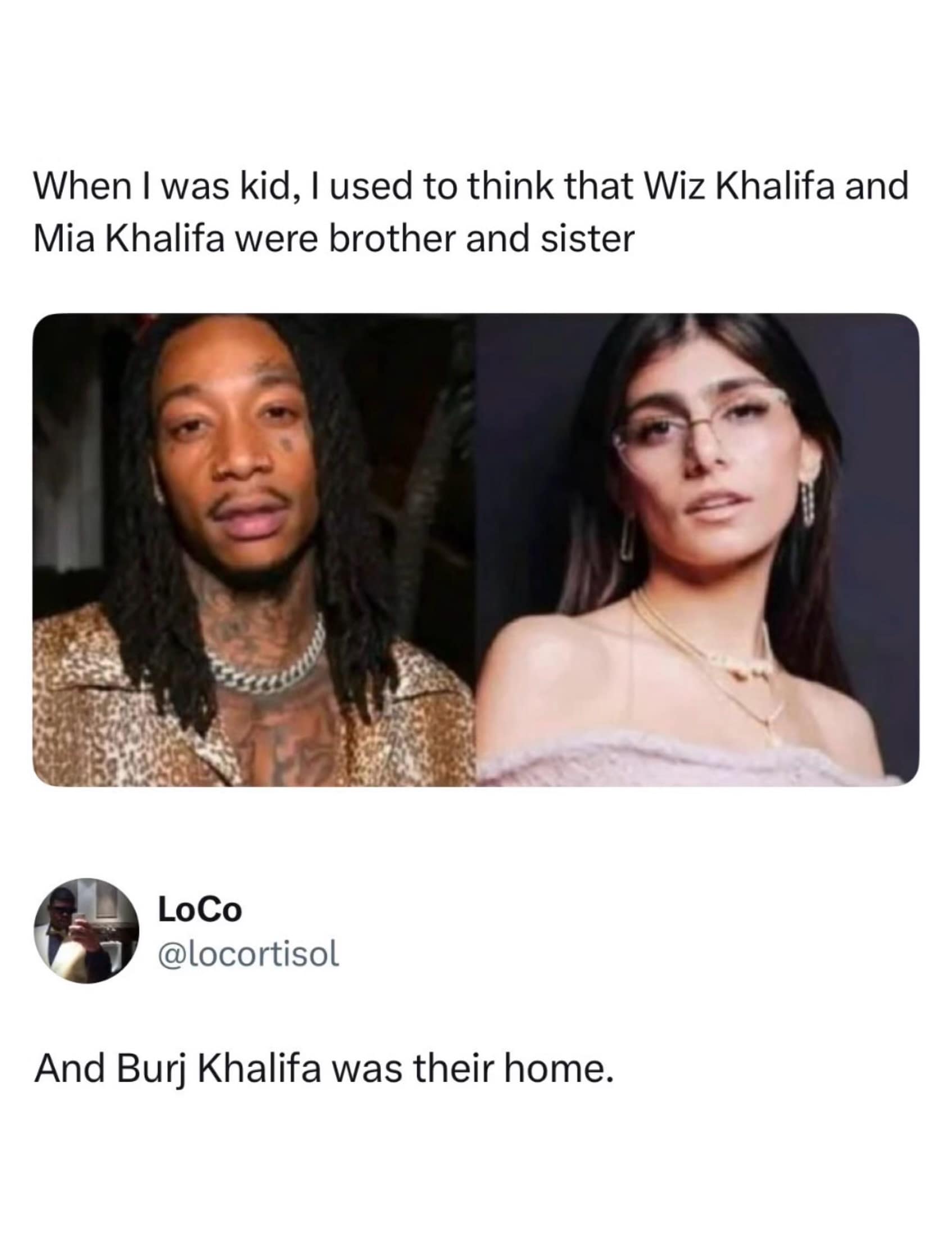 A split profile layout of celebrity figures Wiz Khalifa and Mia Khalifa is paired with a punchline about the Burj Khalifa tower in Dubai, forming a clever entity-driven addition to this meme dump.