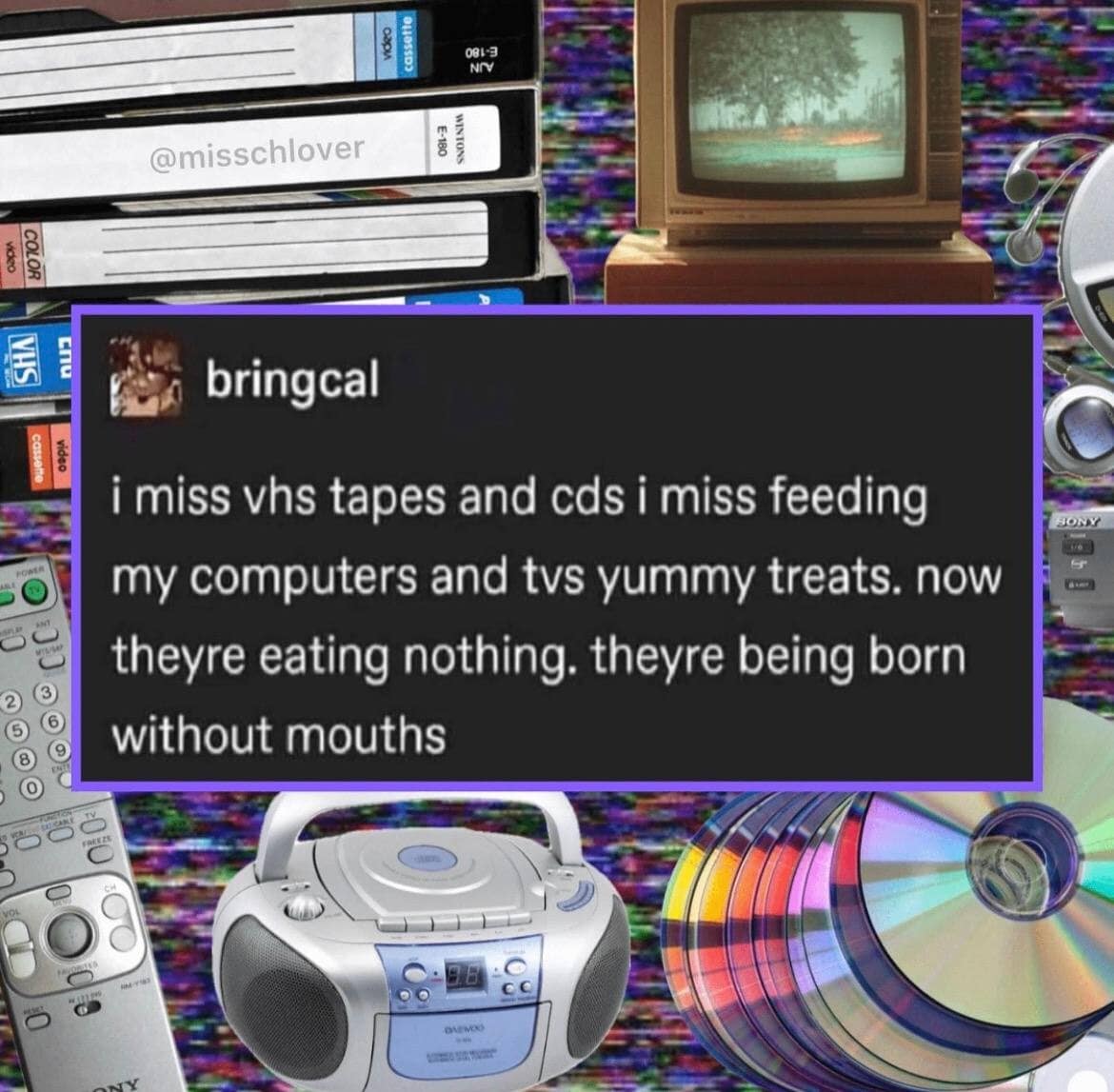A retro design compilation of 90s electronics like cassette tapes and CRT televisions backgrounds a unique post about missing the tangible act of feeding physical media treats into empty disc drives.