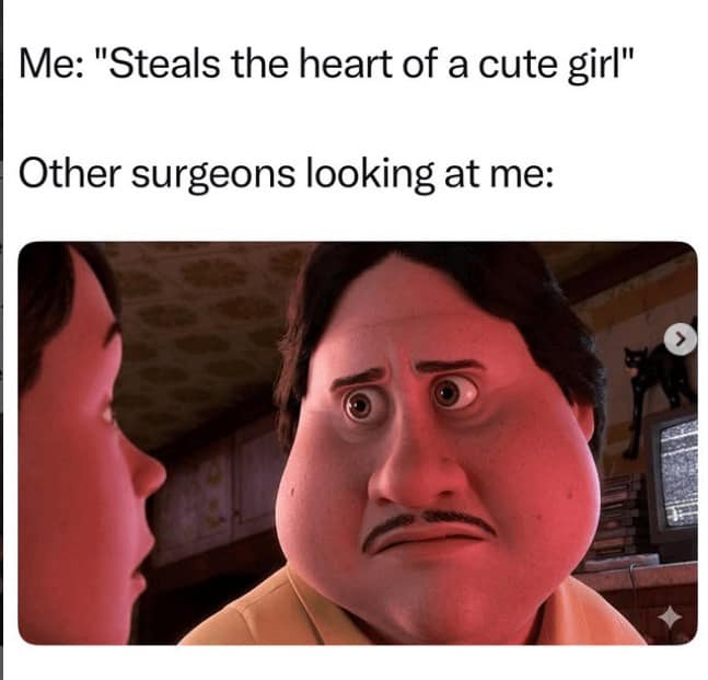 A dark-humor medical script macro utilizes a close-up frame of a terrified, wide-eyed animated character face to parody a surgeon literally taking a patient's heart context too far, concluding this segment of the meme dump.