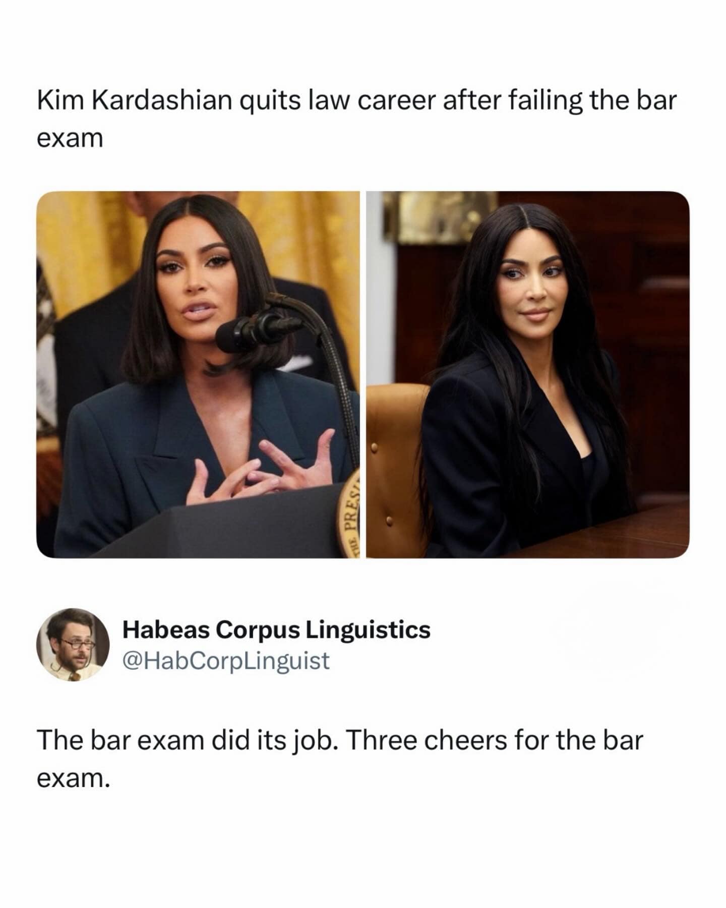 A hilarious meme comparing two photos of Kim Kardashian at legal events with a biting tweet from a linguist celebrating the bar exam for successfully ending her law career.