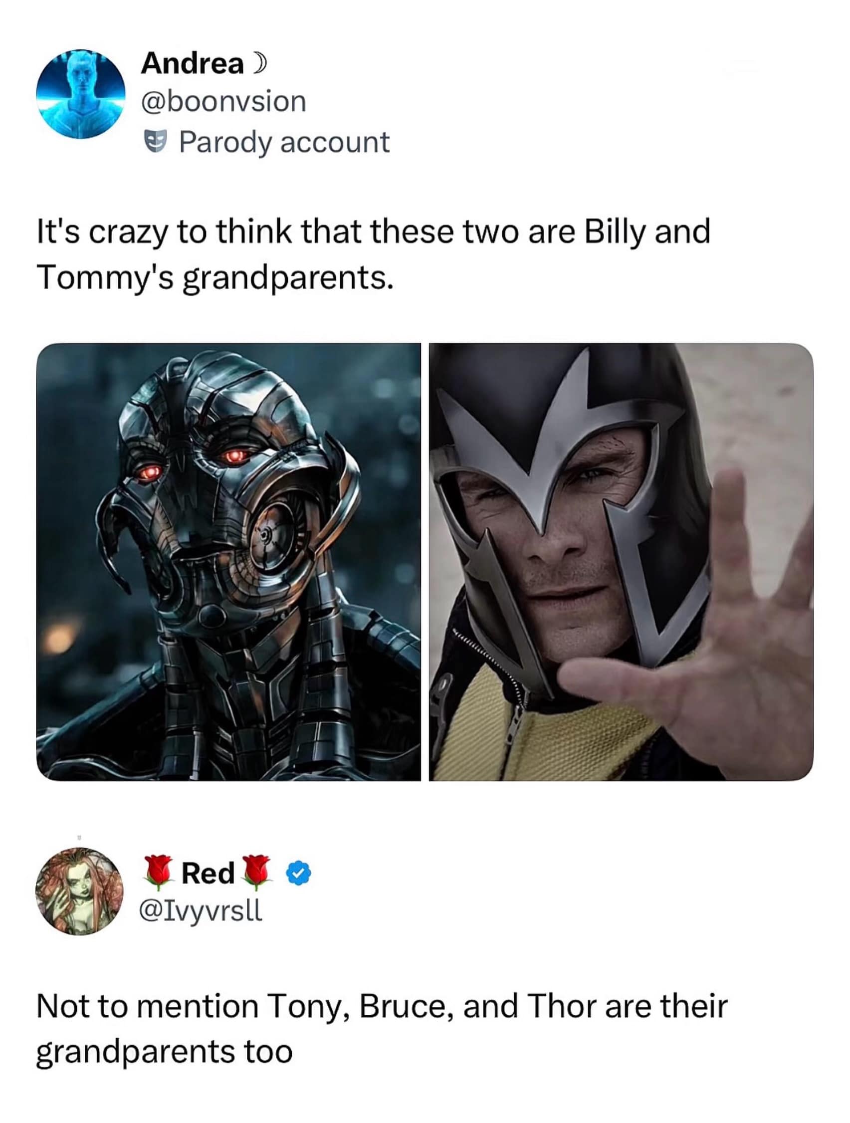 Marvel Studios characters Ultron and Magneto are highlighted in a complex comic book family tree meme dump entry tracing the convoluted fictional grandparents of Wanda Maximoff’s twin children.