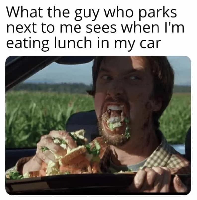 A hilarious meme dump entry features an unhinged movie still of actor Matthew Lillard as Shaggy completely unhinging his jaw to stuff a massive sandwich into his mouth, captioned as the exact view a stranger gets when parking next to you during a car lunch.