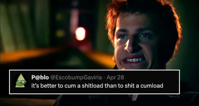 A cursed quote meme dump featuring Andy Samberg's face paired with a deeply philosophical (and gross) "Would You Rather" style tweet about bodily functions.