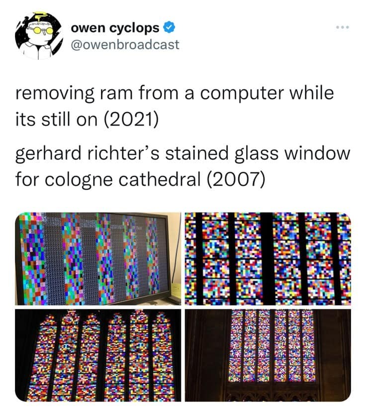 A visual comparison meme showing the pixelated, rainbow-streaked glitch of a computer losing its RAM while running vs. the stunning geometric stained glass of the Cologne Cathedral designed by Gerhard Richter.