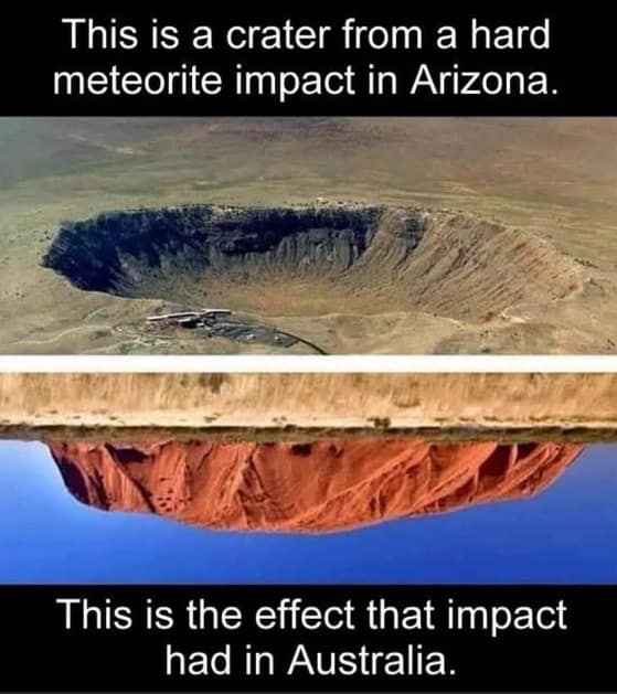 A split-panel geography joke in a meme dump pairs an aerial view of the Arizona Meteor Crater with an upside-down photo of Uluru rock to claim the impact punched straight through the Earth to Australia.