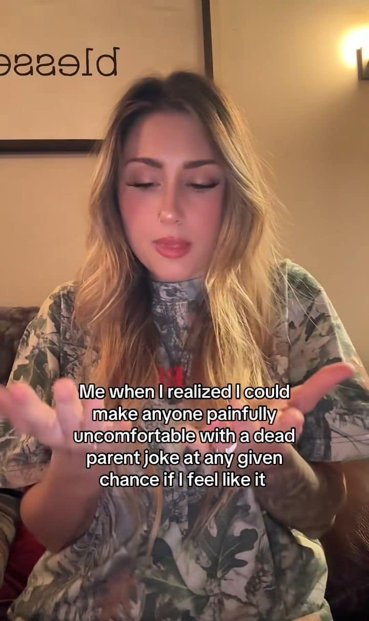 A hilarious meme featuring a young woman explaining the "dark power" of being able to make any social situation painfully uncomfortable by dropping an unexpected dead parent joke.