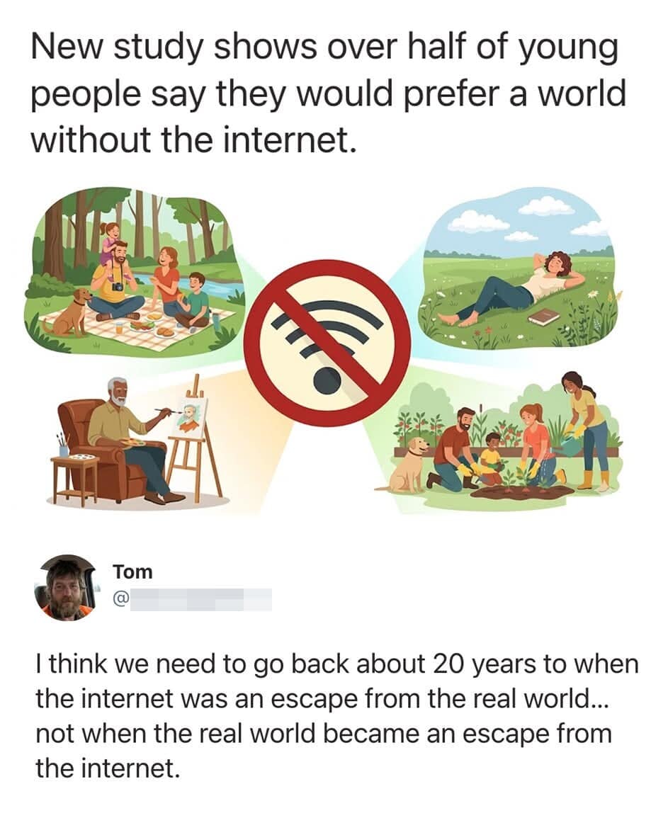 A social commentary meme about a study showing young people want a world without internet, with a reply noting that we need to go back to when the internet was an escape from the world, not vice versa.